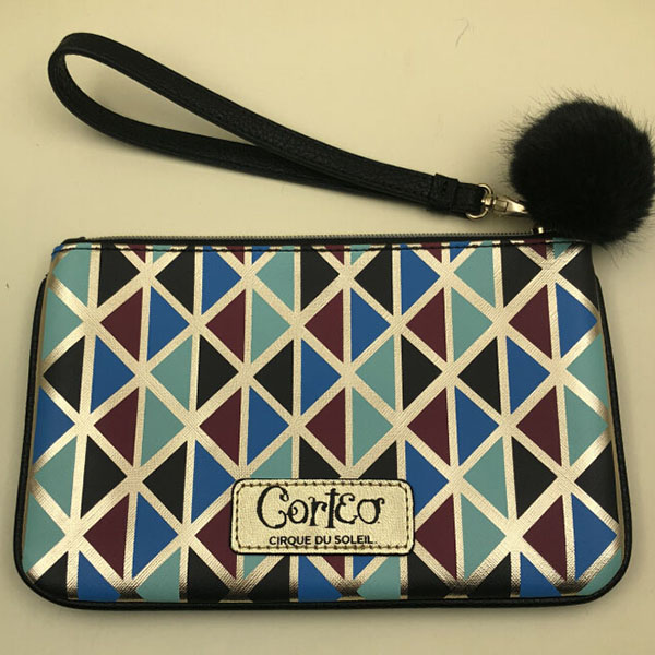 Fashion PU Leather Clutch Cosmetic Bag With PomPom